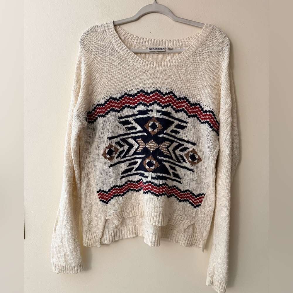 Versona Cream and Navy Aztec-Inspired Geometric Print Sweater, size XL